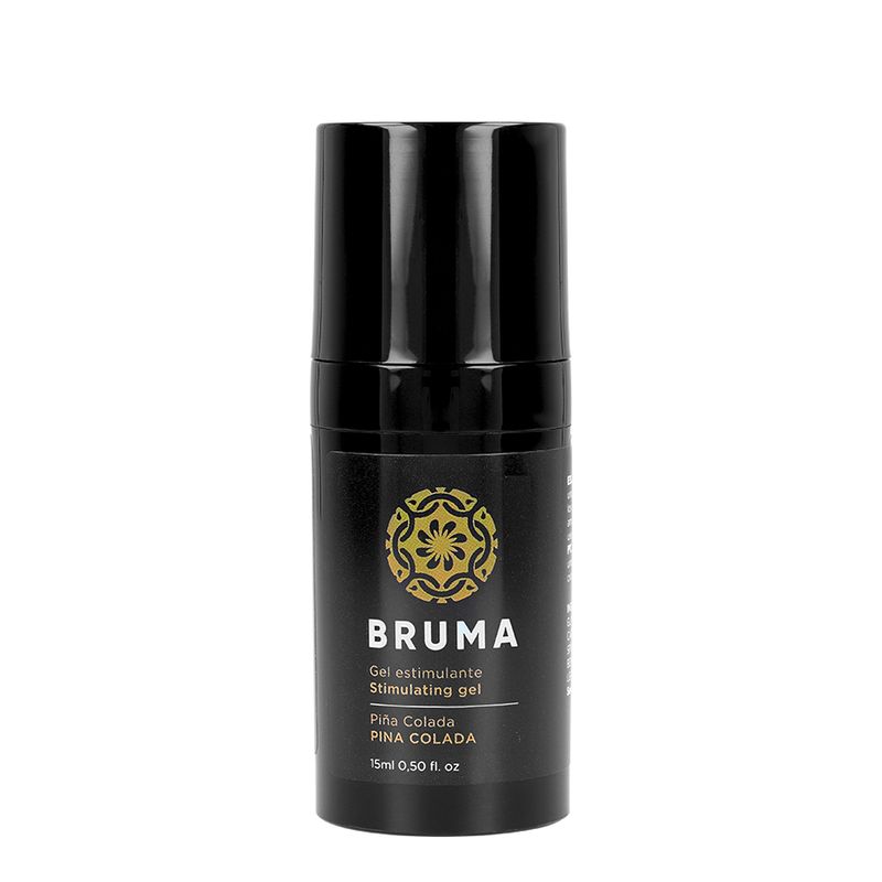 Schwarze Flasche mit Aufschrift BRUMA. Gel mit Pina Colada-Geschmack. 15 ml Format.