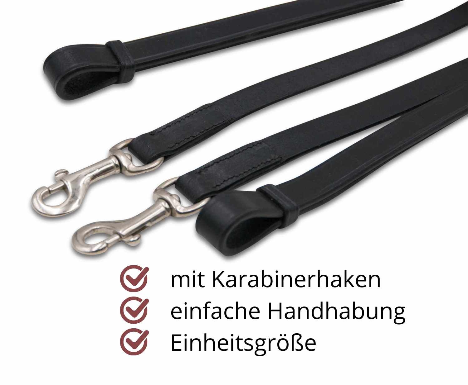 Schwarze Lederzügel mit Karabinerhaken. Text: einfache Handhabung, Einheitsgröße.