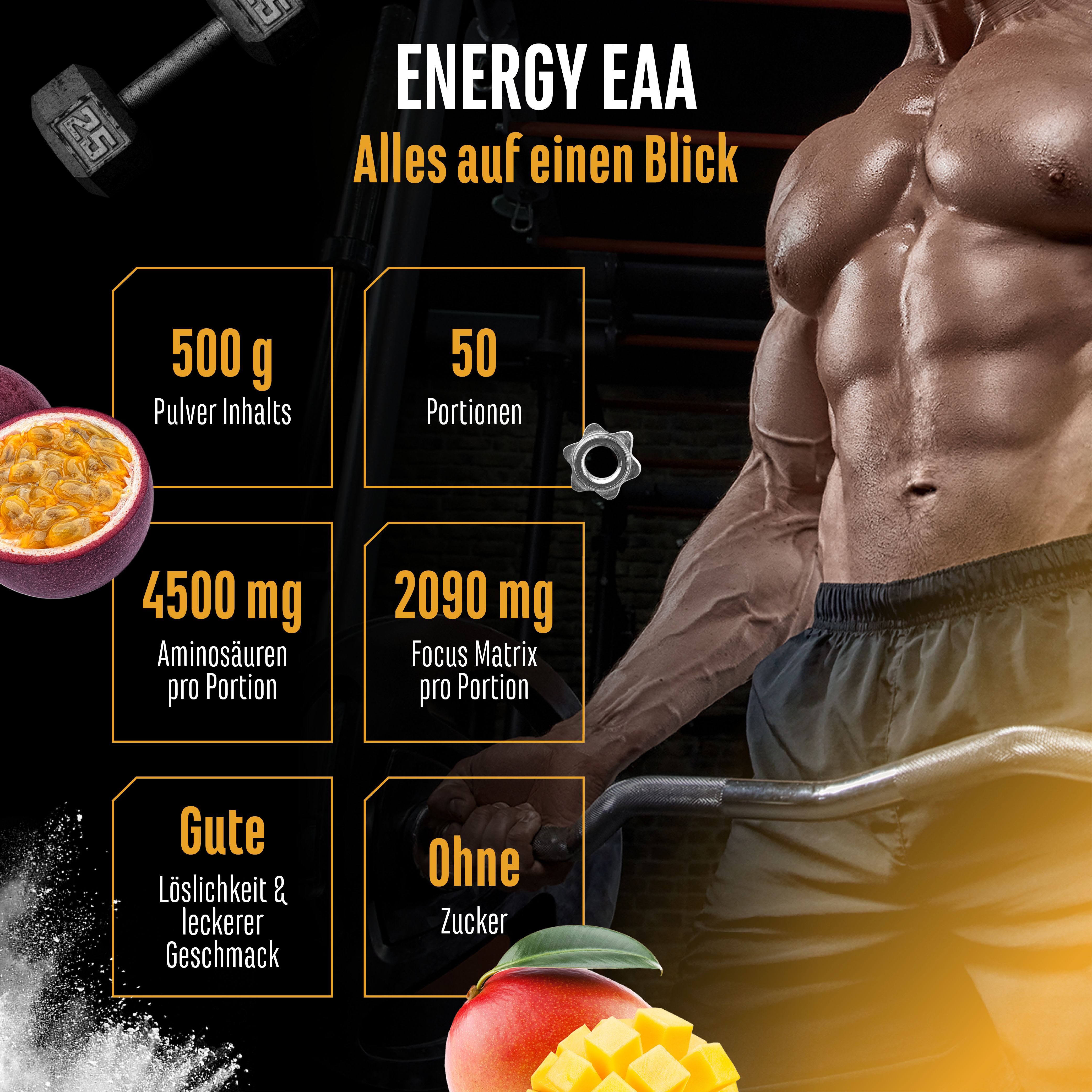 Werbebild für Energy EAA. Enthält Informationen zu Inhaltsstoffen, wie 500g Pulver, 50 Portionen, Aminosäuren und Focus Matrix.