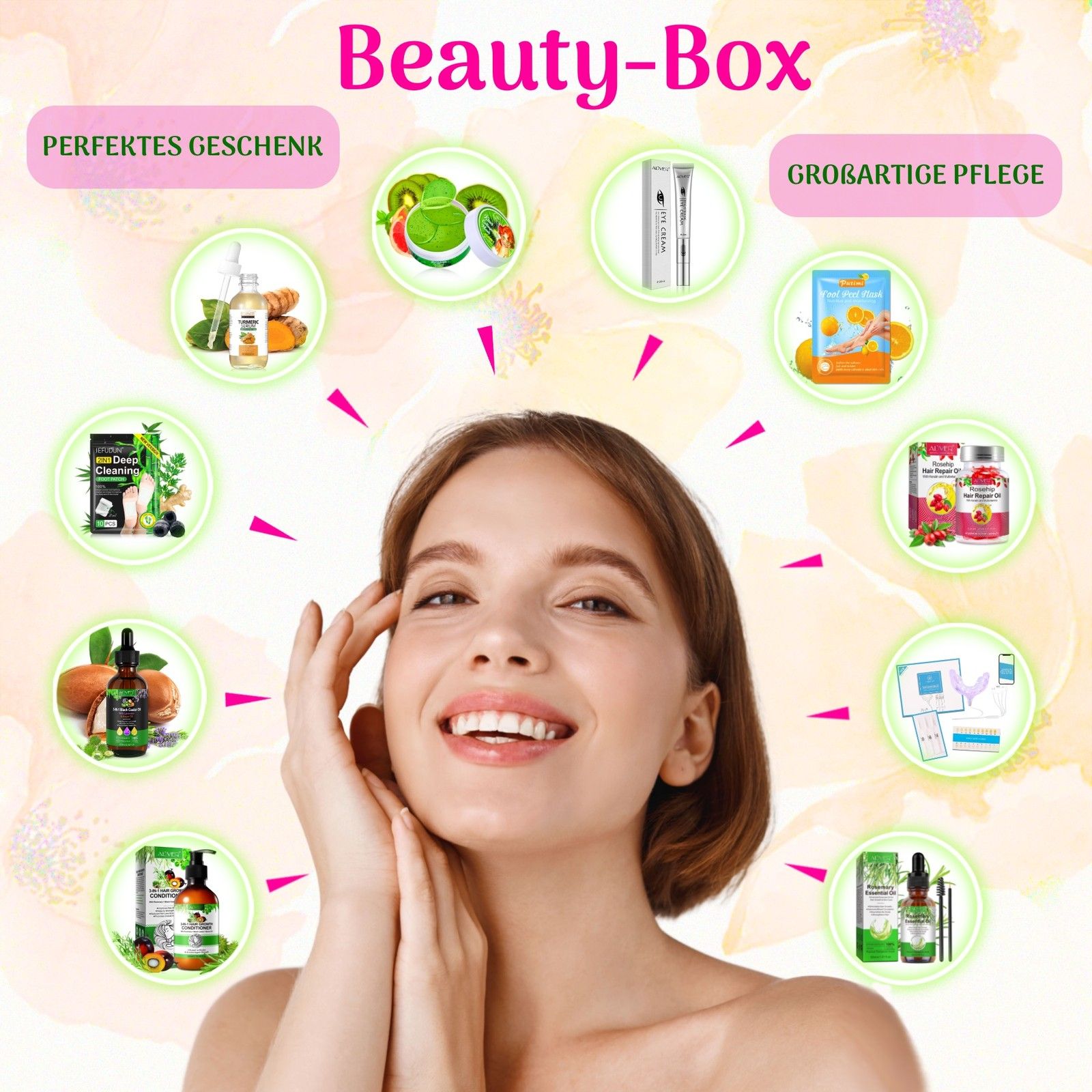 Frau mit strahlender Haut umgeben von Beauty-Produkten der Geschenkbox.