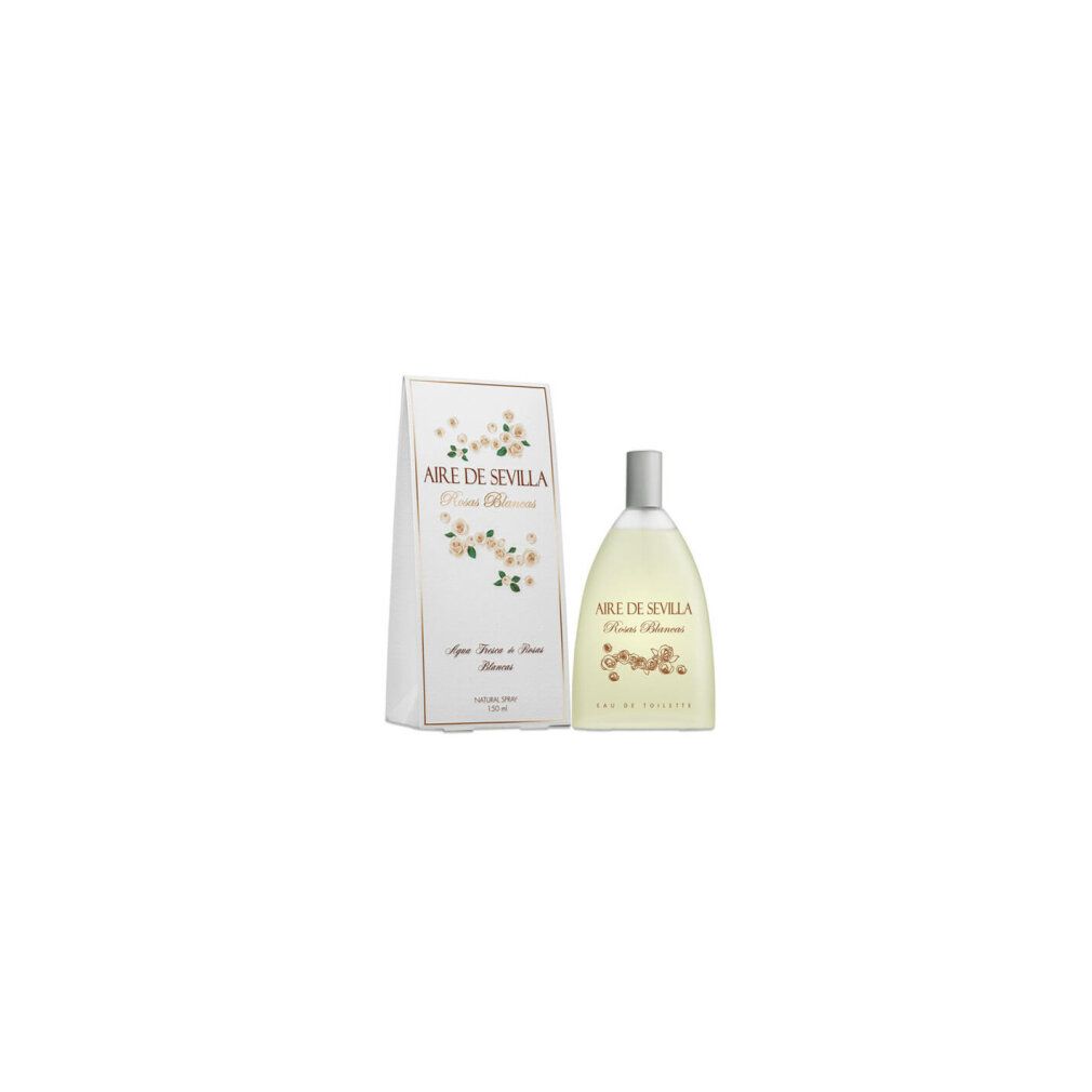Parfümflasche und Verpackung. Aufschrift: Aire de Sevilla Rosas Blancas. Verpackung mit Blumendekor. Eau de Toilette.