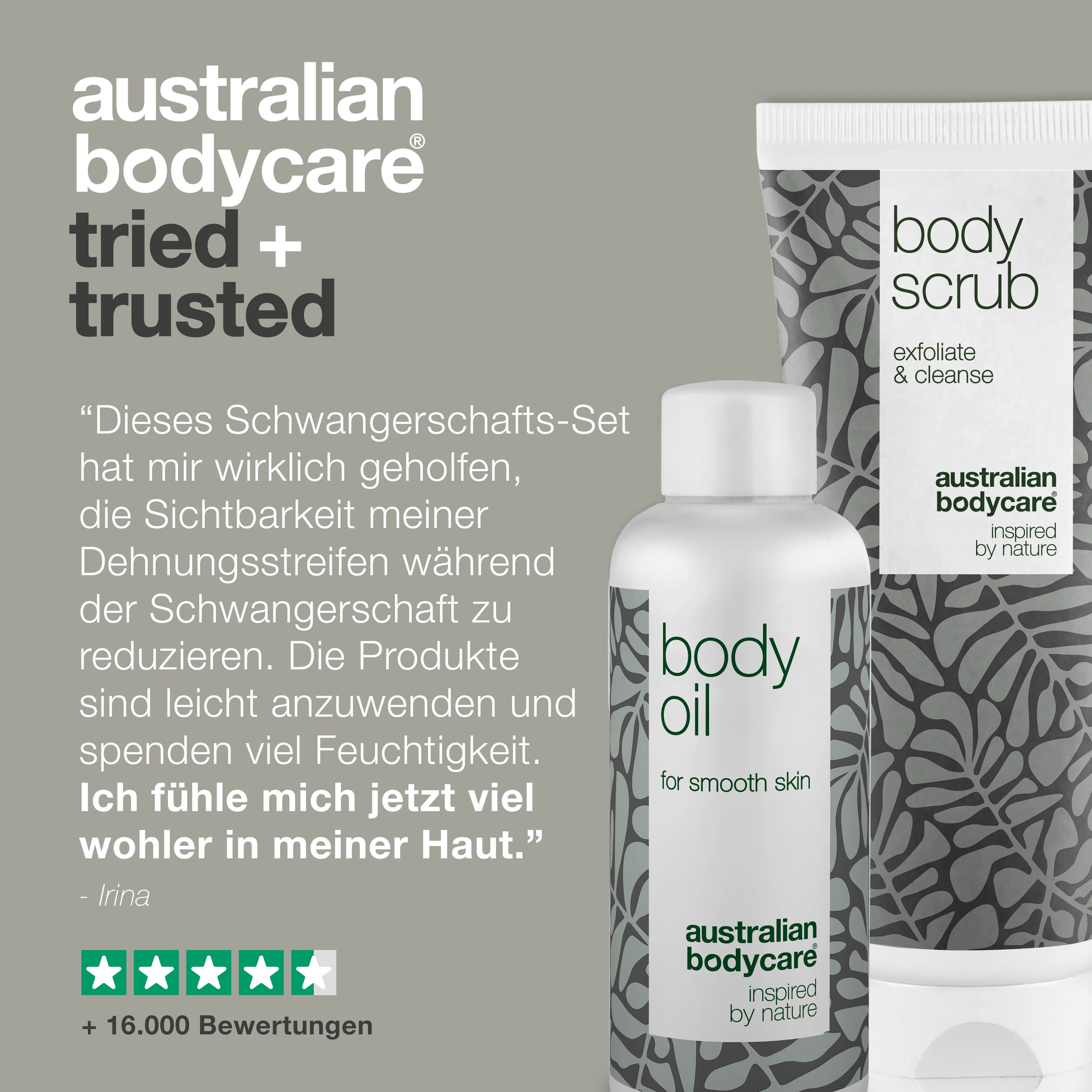 Australian Bodycare: Getestet, 100% recycelbar. Aufschrift: Body Oil, Body Scrub, Australian Bodycare.