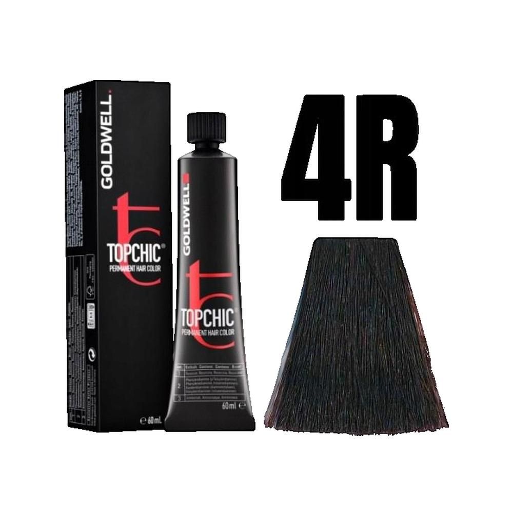 Goldwell Topchic 4R, Tube, Verpackung und Haarsträhne. Schwarze Tube, schwarze Verpackung, Haarsträhne.