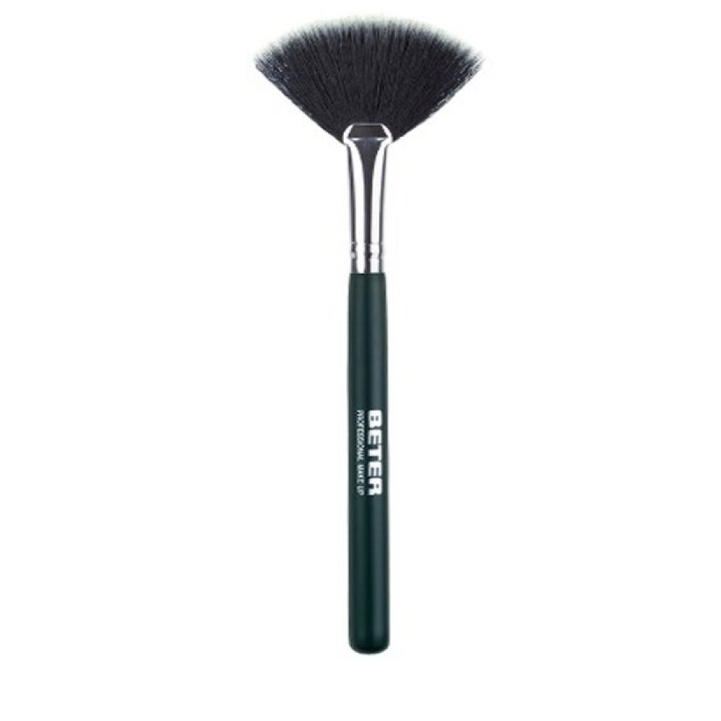 Synthetischer Haarfächer-Make-up-Pinsel mit dunklem Griff und silberner Zwinge.