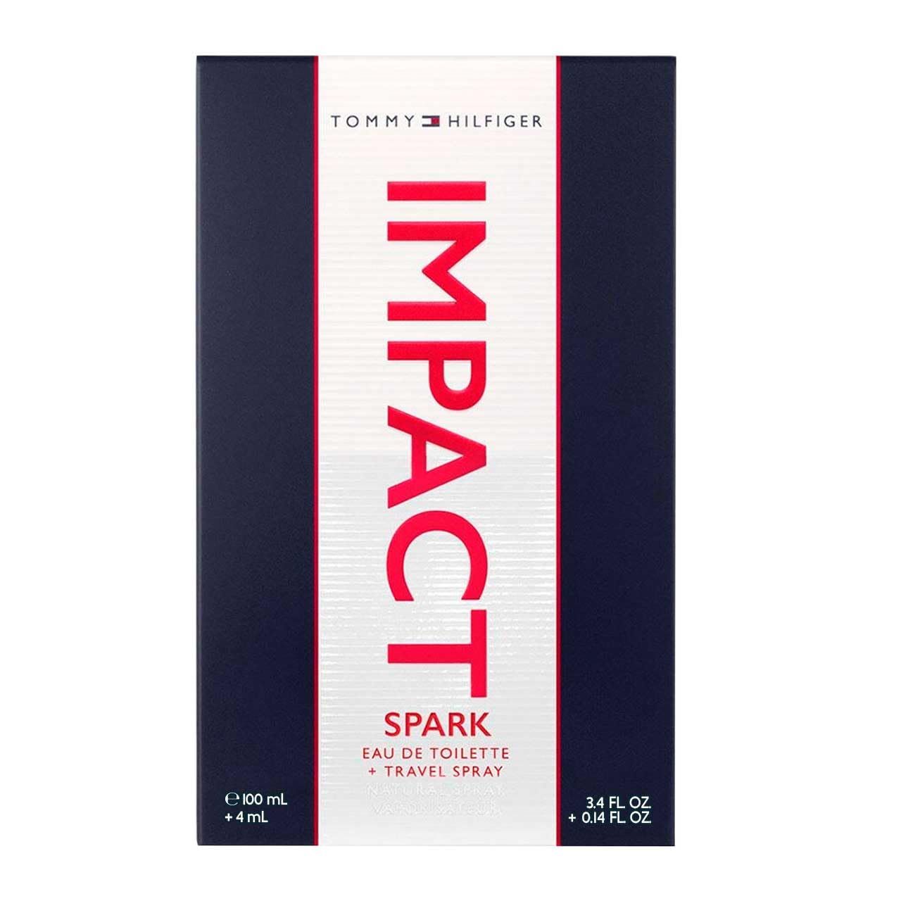 Verpackung mit rotem IMPACT-Schriftzug, darunter SPARK, Eau de Toilette. Marke Tommy Hilfiger.