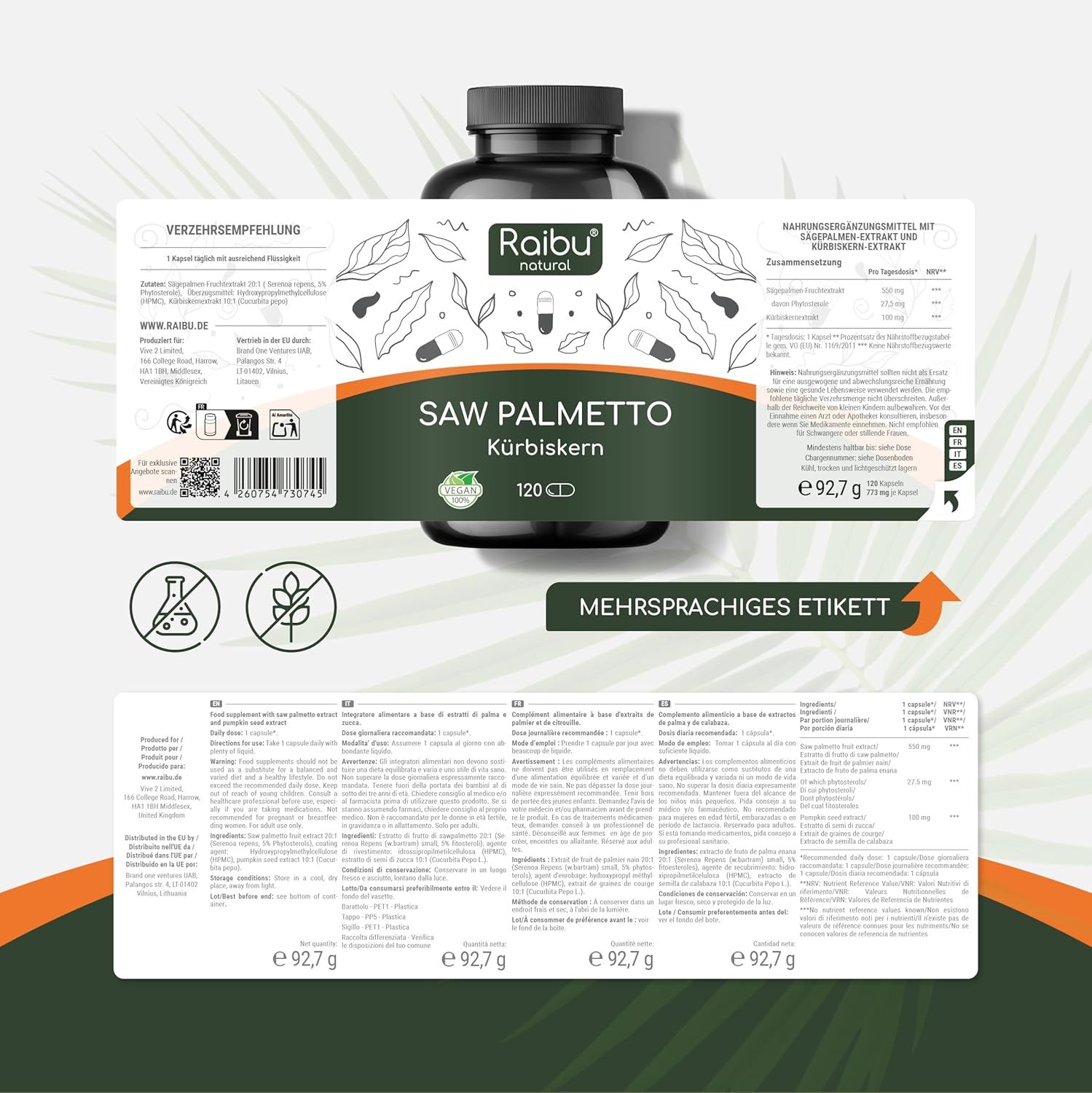 Etikett mit Produktinformationen. Aufschrift: Saw Palmetto, Kürbiskern, 120 CD. Mehrsprachiges Etikett.
