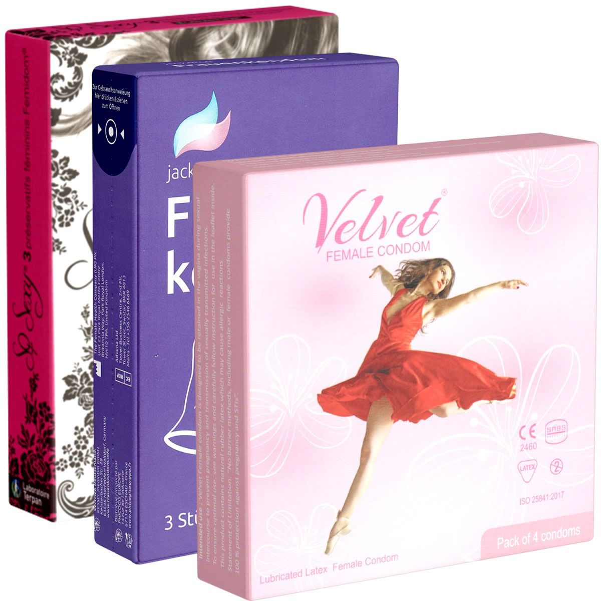 Drei Packungen Kondome: Velvet Female Condom (4 Stück), Jack Frost Female Condom (3 Stück) und eine weitere Packung.