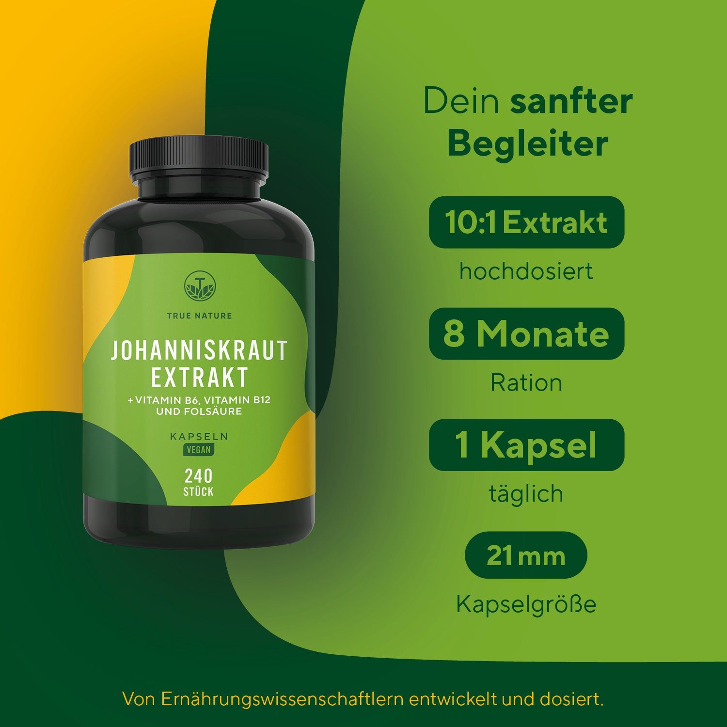 Braune Kapsel-Dose mit grünem Etikett. Text: Johanniskraut Extrakt, 240 Kapseln, vegan. Aufschrift: True Nature.