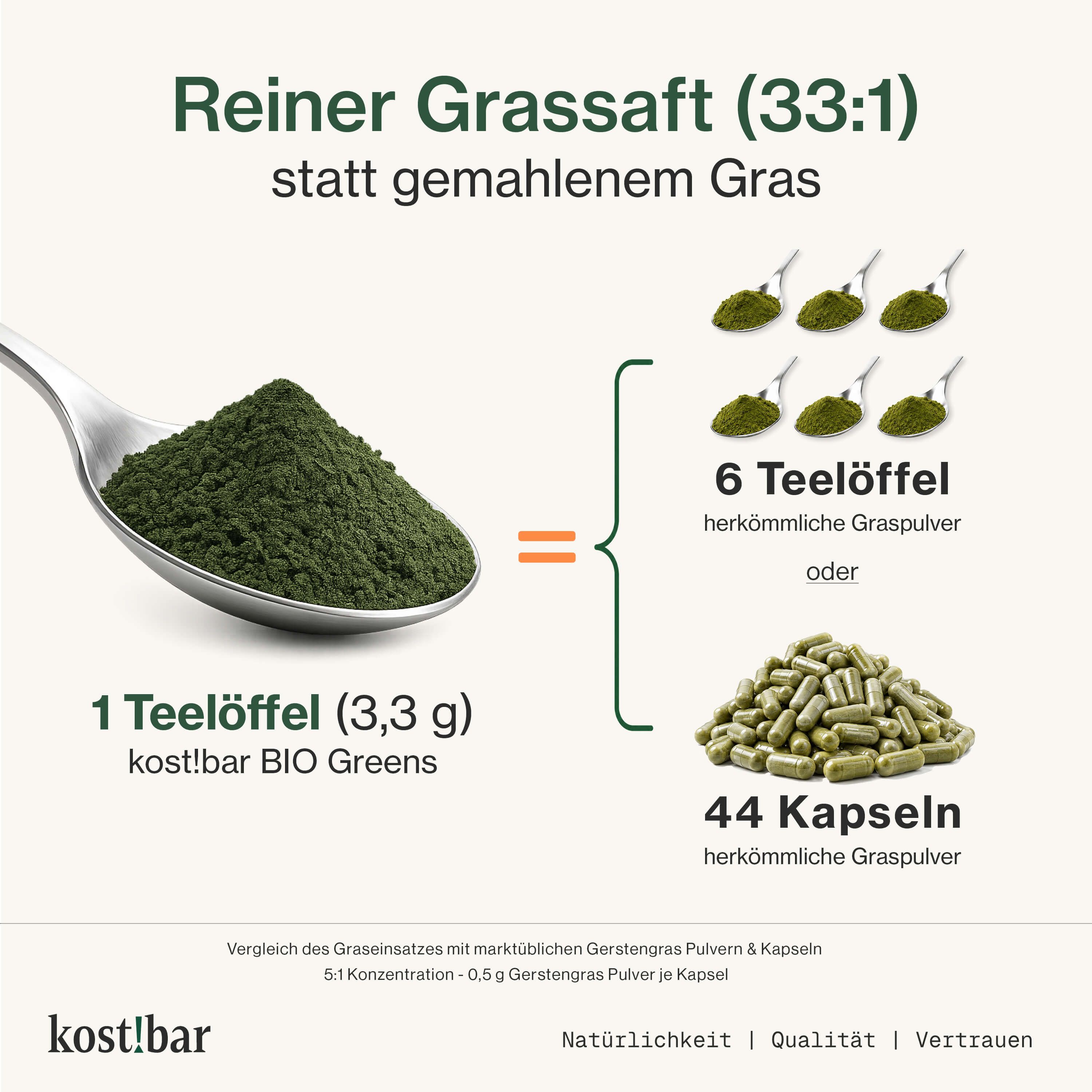Reiner Grassaft (33:1) statt gemahlenem Gras. 1 Löffel BIO Greens Pulver entspricht 6 Löffeln Pulver oder 44 Kapseln.