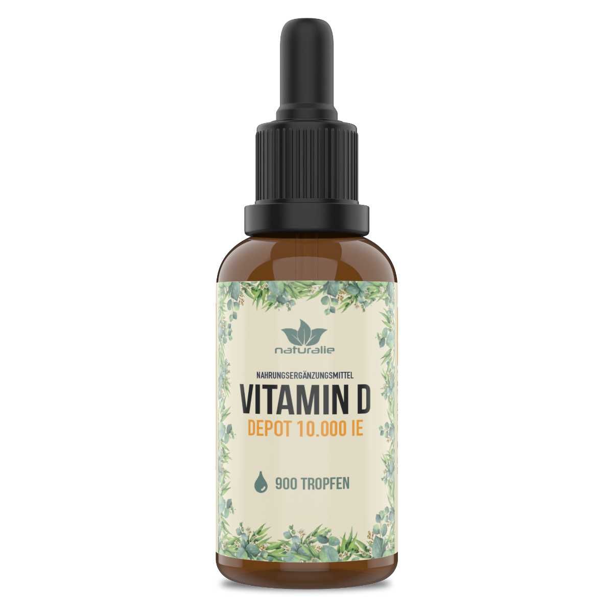 Braune Glasflasche mit Pipettenverschluss, Etikett zeigt 'Vitamin D Depot 10.000 IE'.