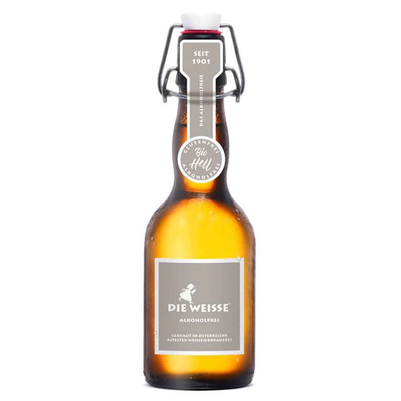 Braune Glasflasche mit Bügelverschluss. Etikett mit "Die Weisse Alkoholfrei & Glutenfrei".