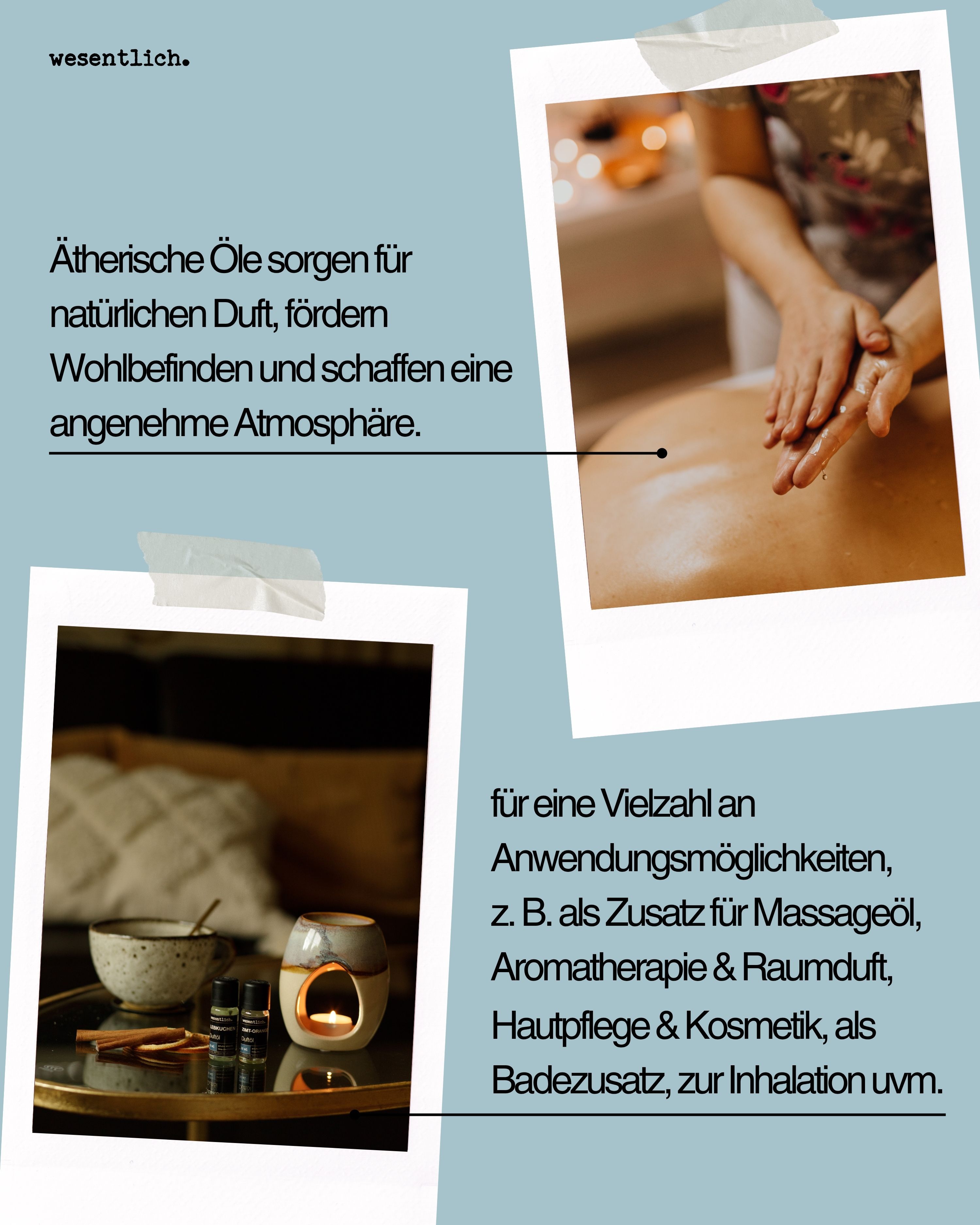 Hände massieren Rücken, daneben Schale mit Zimtstangen und Duftlampe.