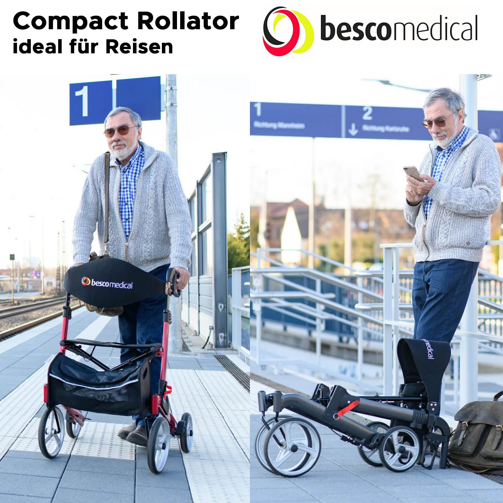 Bescomedical Reise Rollator COMPACT - zweifach klappbarer Leichtgewichtrollator