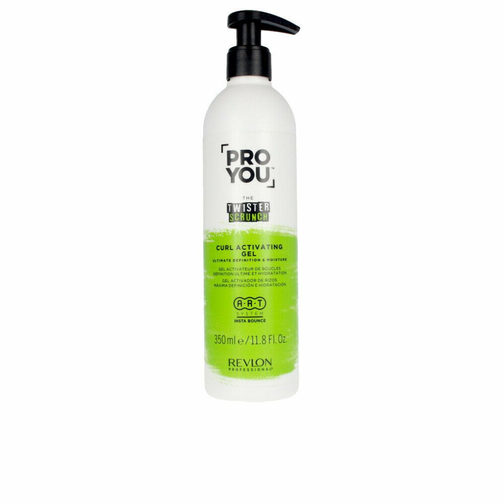 Weißer Flakon mit schwarzem Pumpkopf. Aufschrift: PRO YOU, THE TWISTER SCRUNCH, CURL ACTIVATING GEL. Grüne Akzente. 350ml/11.8 Fl. Oz. Revlon Professional.