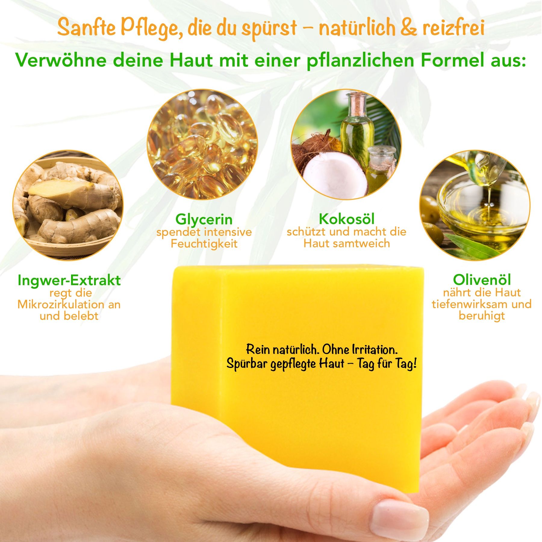 Gelbes Seifenstück in Hand. Ingwer-Extrakt, Glycerin, Kokosöl und Olivenöl. Text: Rein natürlich. Ohne Irritation. Spürbar gepflegte Haut.