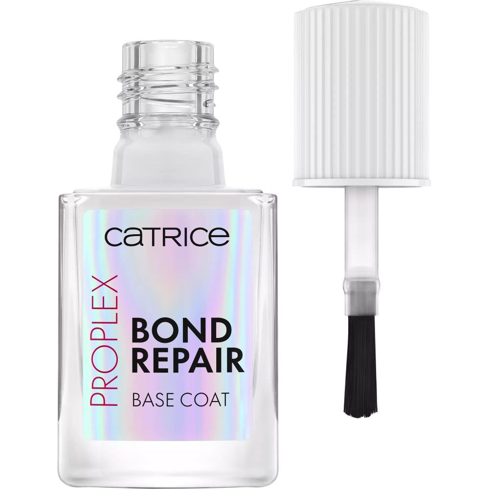 Klare Flasche mit Schraubverschluss und Pinsel. Aufschrift: Catrice, ProPlex, Bond Repair, Base Coat.