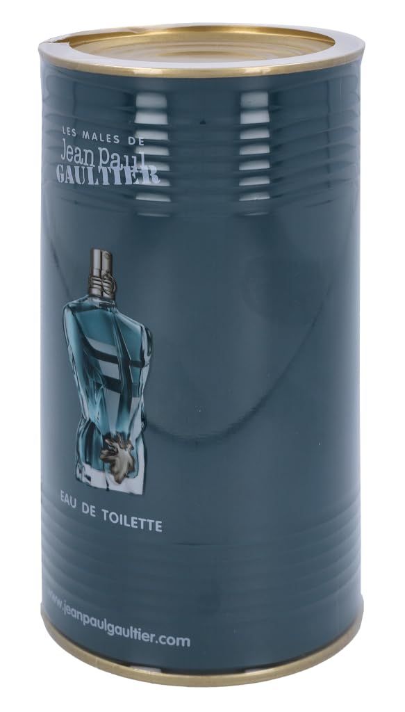 Zylindrische Dose, blau-grün, mit Aufdruck eines Flakons in Torsoform und Text: Eau de Toilette.
