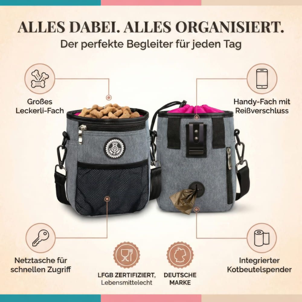 Zwei graue Futterbeutel mit pinkem Innenfutter. Netztasche, Handyfach, Kotbeutelspender. LFGB-zertifiziert, Deutsche Marke.