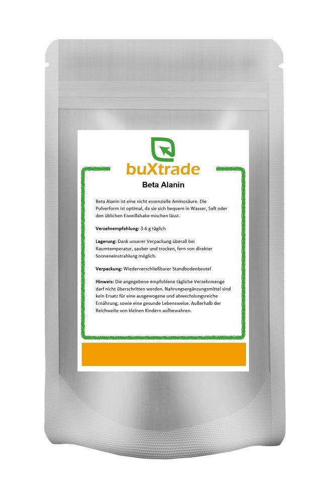 Beutel mit Beta Alanin Pulver. Aufdruck mit Produktinformationen und Logo von buXtrade. Wiederverschließbar.