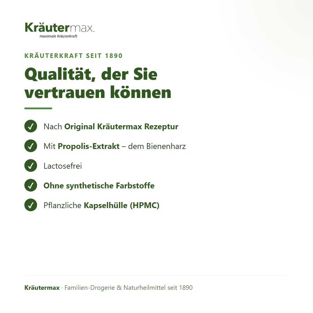 Liste mit Qualitätsmerkmalen von Kräutermax: Nach Original Rezeptur, mit Propolis-Extrakt, lactosefrei, ohne Farbstoffe, pflanzliche Kapselhülle.