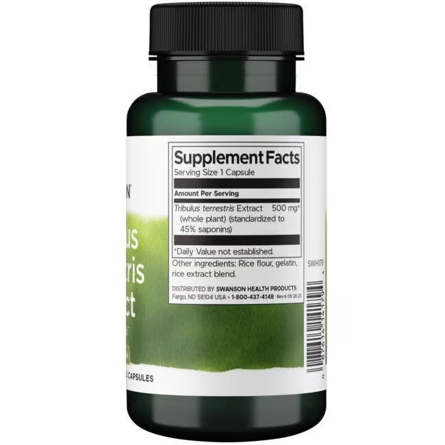 Rückseite der grünen Flasche. Aufschrift: Supplement Facts. Enthält Tribulus Terrestris Extrakt, 500 mg. Weitere Inhaltsstoffe.