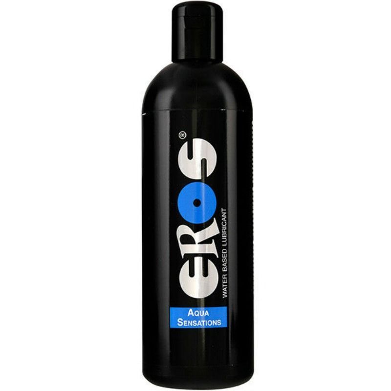Schwarze Flasche mit schwarzem Deckel. Aufschrift "eros" und "Aqua Sensations".