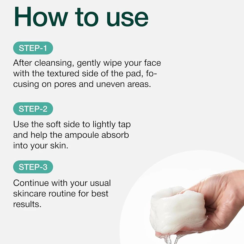 Anwendung: Gesicht mit strukturierter Seite abwischen, weiche Seite zum Einklopfen.