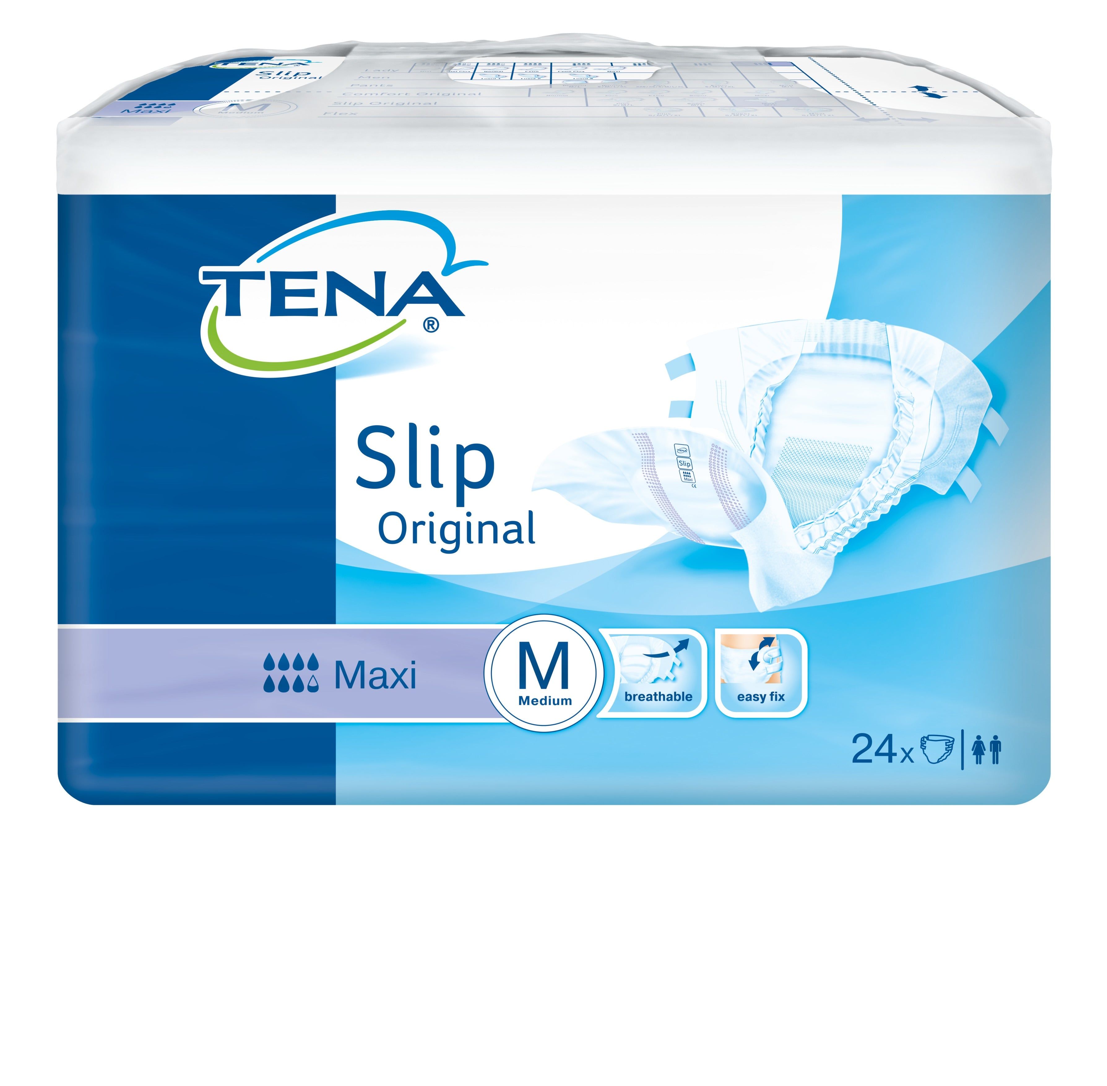 TENA Slip Original Maxi M. Verpackung mit Produktabbildung. Text: TENA, Slip, Original, M, 24 Stück.