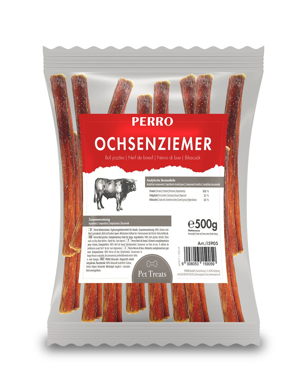 Verpackung mit Ochsenziemer-Kauartikeln für Hunde. Marke PERRO. Rote und braune Stäbchen in transparenter Folie. Aufdruck mit Produktinformationen.