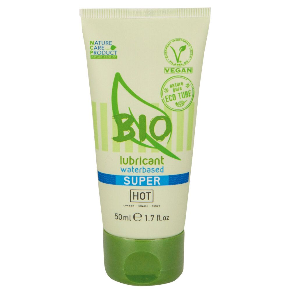 Grüne Tube mit BIO-Logo, Aufschrift 'lubricant waterbased SUPER HOT'. Vegan- und NCP-Siegel. 50ml.