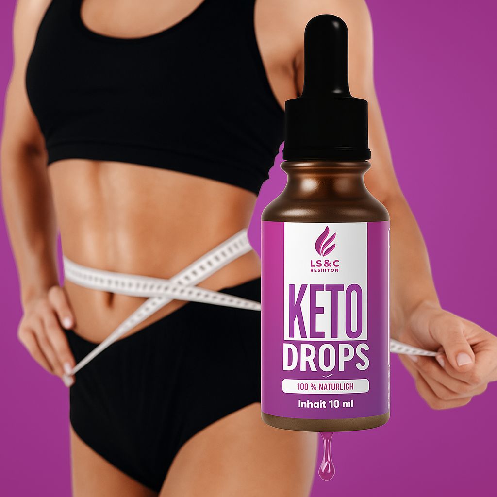 Frau misst Taille mit Maßband. Flasche mit LS&C Nutrition, Keto Drops, 100% natürlich, Inhalt 10 ml.