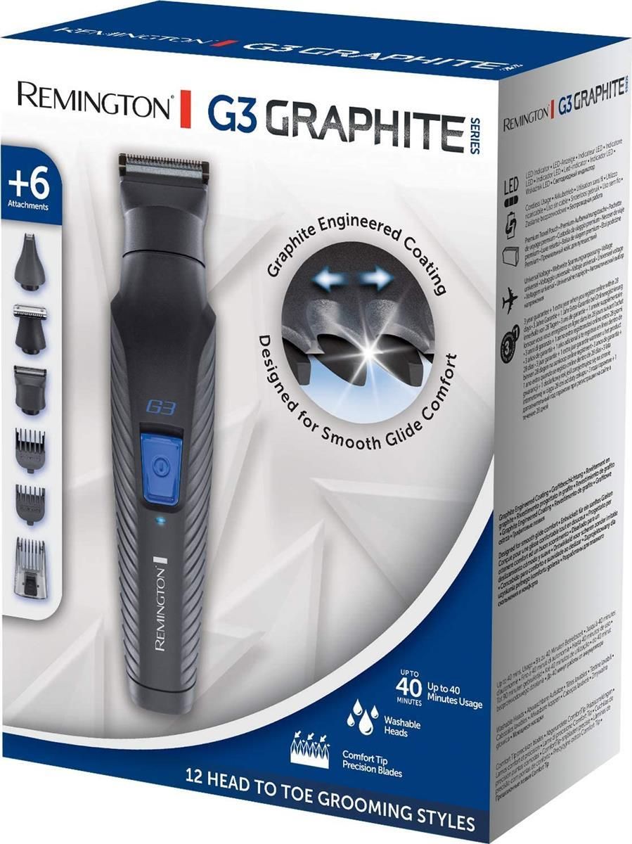 Verpackung des Remington G3 Graphite Groom Kit. Enthält Trimmer, Aufsätze und Informationen. Blaue und weiße Box.