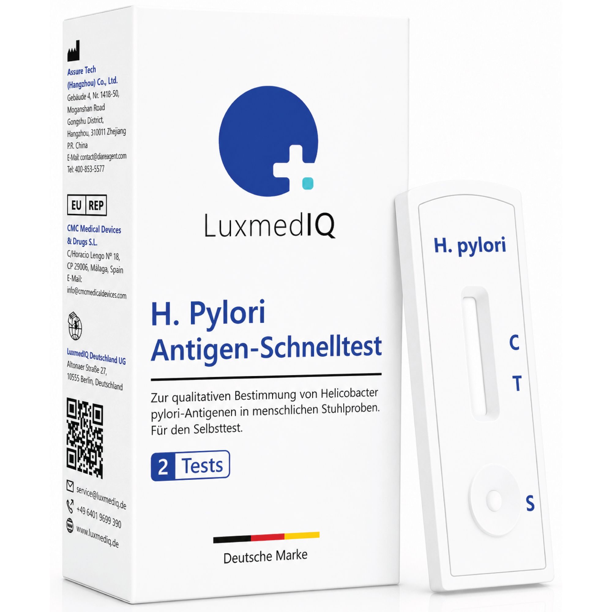 Produktverpackung und Testgerät. Box mit Logo LuxmedIQ, H. Pylori Antigen-Schnelltest, 2 Tests. Testgerät mit Aufschrift H. pylori.