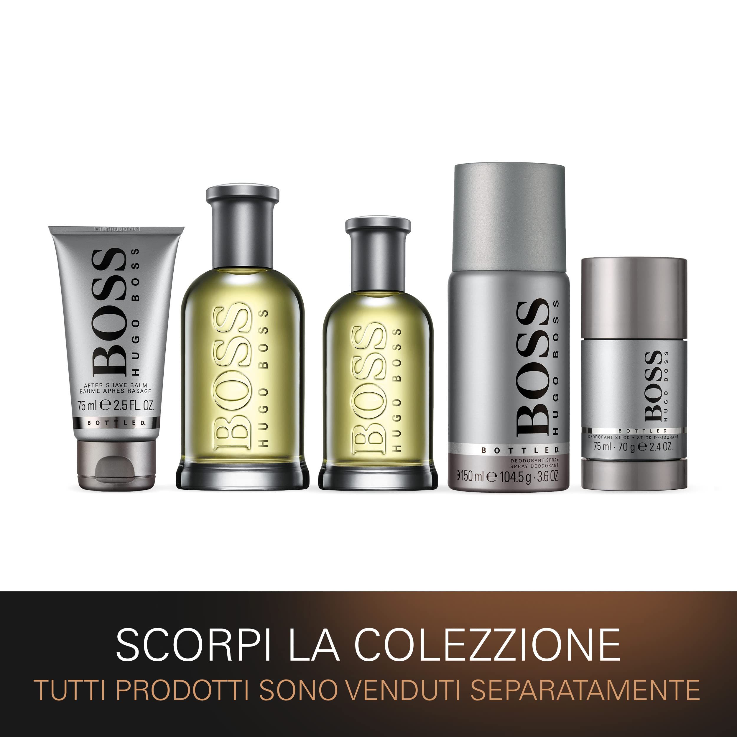 Kollektion von Hugo Boss Bottled Produkten: Lotion, Parfüm, Deospray, Stick.