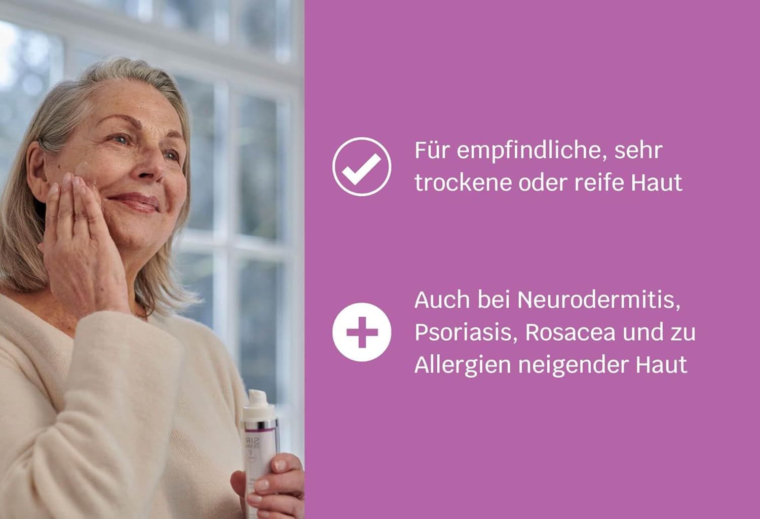 Ältere Frau trägt Creme auf ihr Gesicht auf. Produktinformationen zu empfindlicher Haut und Hauterkrankungen.
