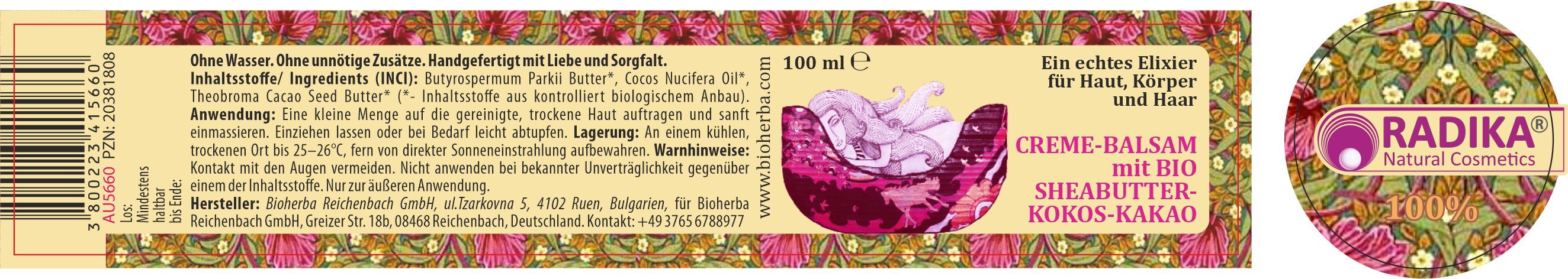 Etikett mit Text und floralem Muster. Rechts rundes Logo mit Schriftzug "RADIKA Natural Cosmetics".