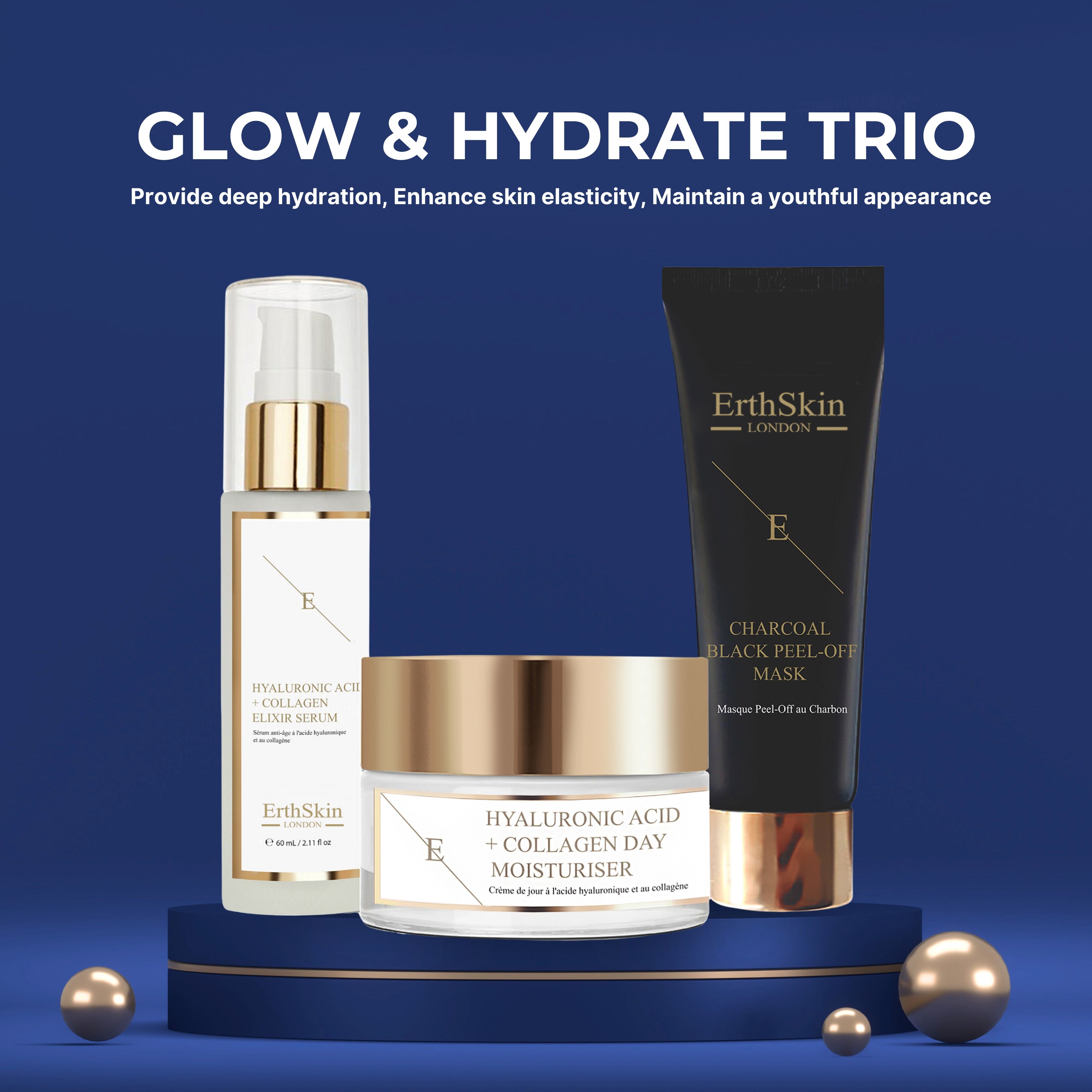 Kosmetik-Set auf blauem Podest. Serum, Tagescreme und Maske. Goldene Kugeln. Text: Glow & Hydrate Trio.