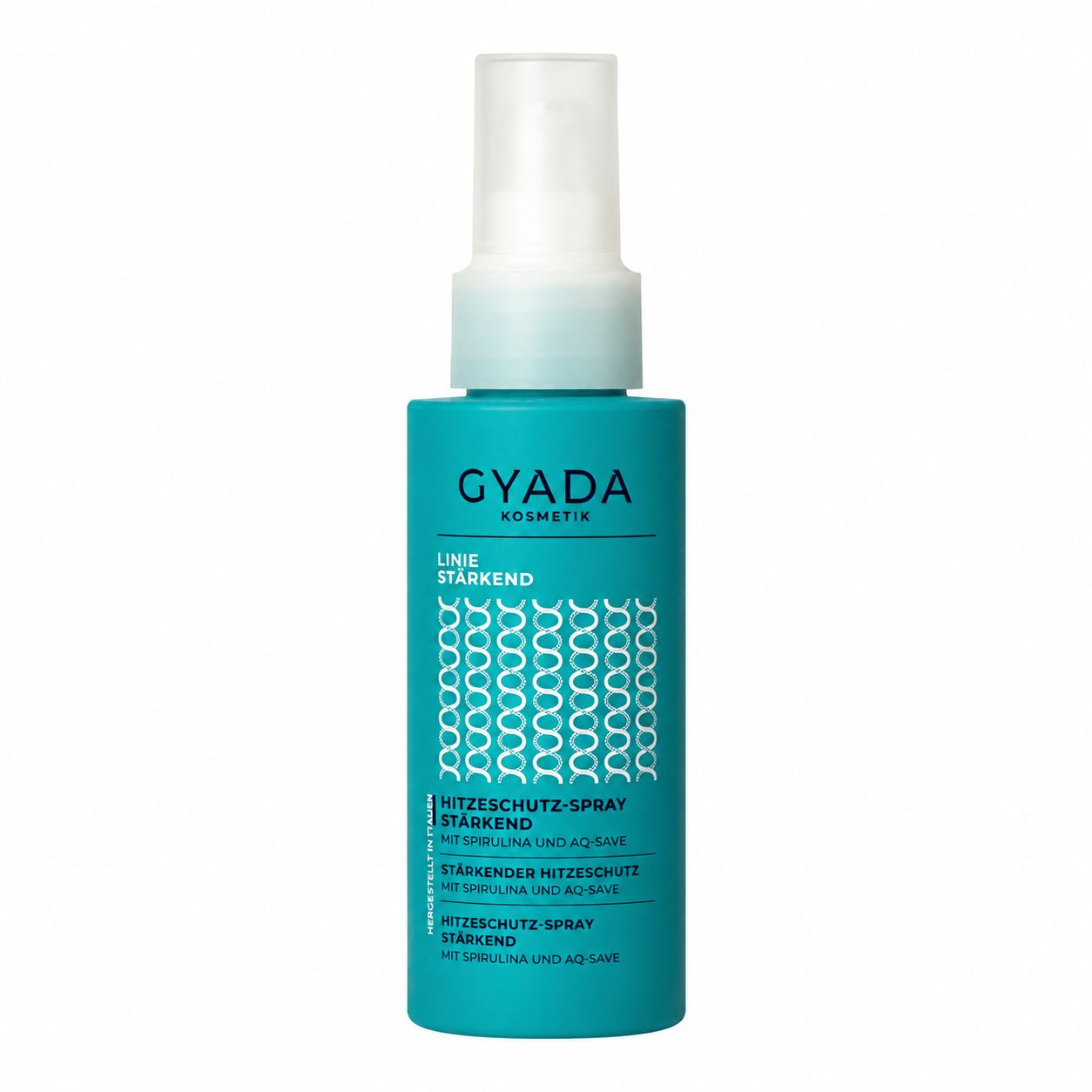 Türkiser Pumpsprühflakon von Gyada Kosmetik mit "Linie Stärkend" und "Hitzeschutz-Spray" Aufschrift.