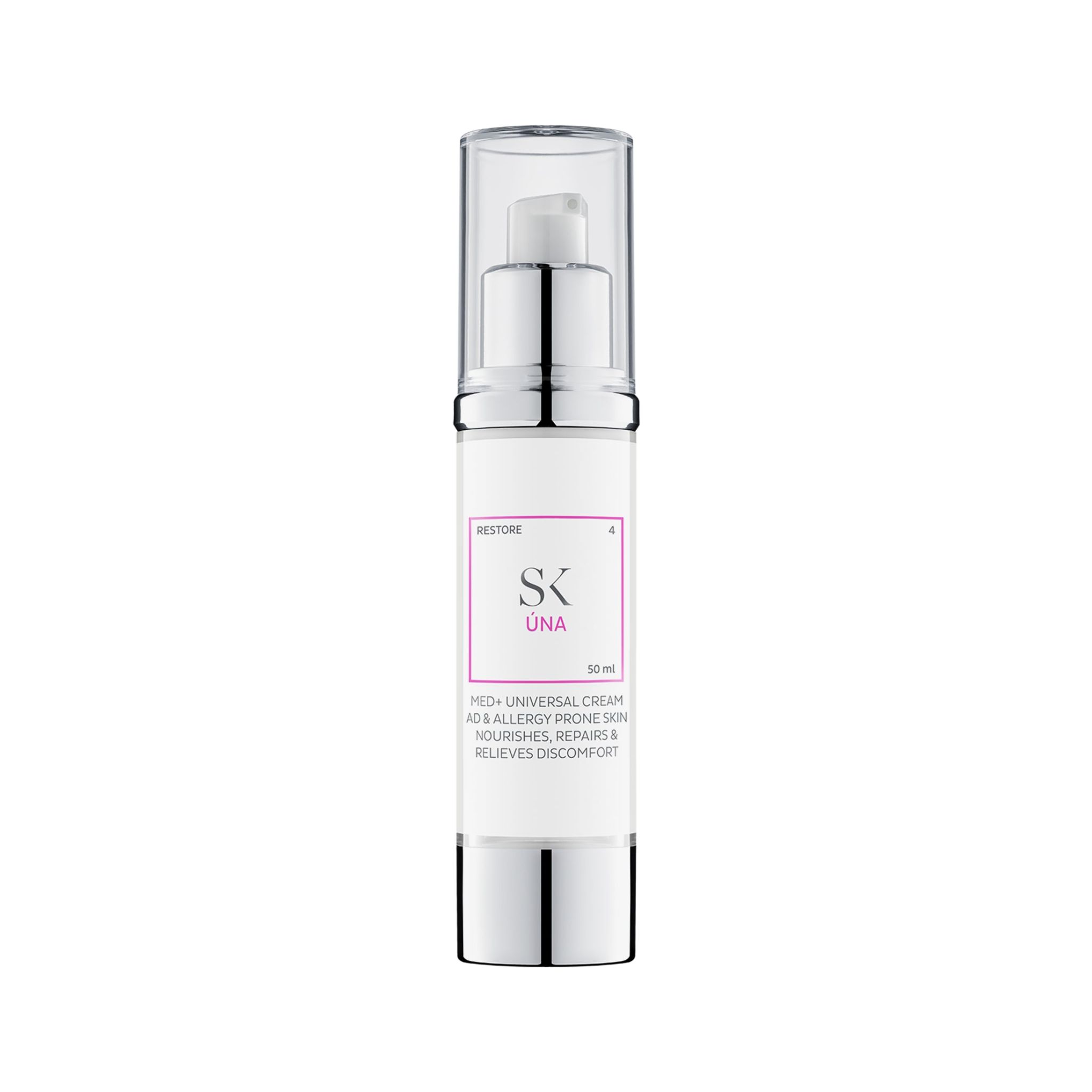 Creme-Spender mit silberfarbenem Pumpkopf. Weißes Etikett mit rosa Akzenten und Text. Aufschrift: SK Úna. Flasche steht.