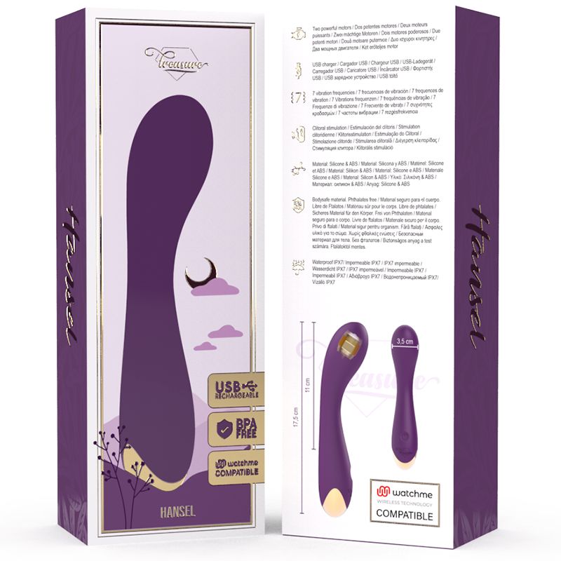 Violett-farbener Vibrator in Verpackung. Aufschrift: Hansel, Treasure, watchme kompatibel. Mit USB-Anschluss und BPA-frei.