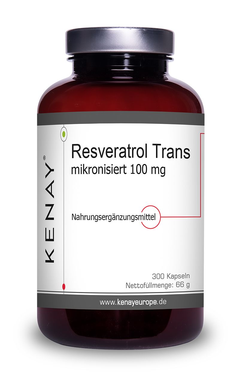 Braune Flasche mit weißem Etikett. Resveratrol Trans mikronisiert 100 mg, Nahrungsergänzungsmittel. Marke KENAY. 300 Kapseln.