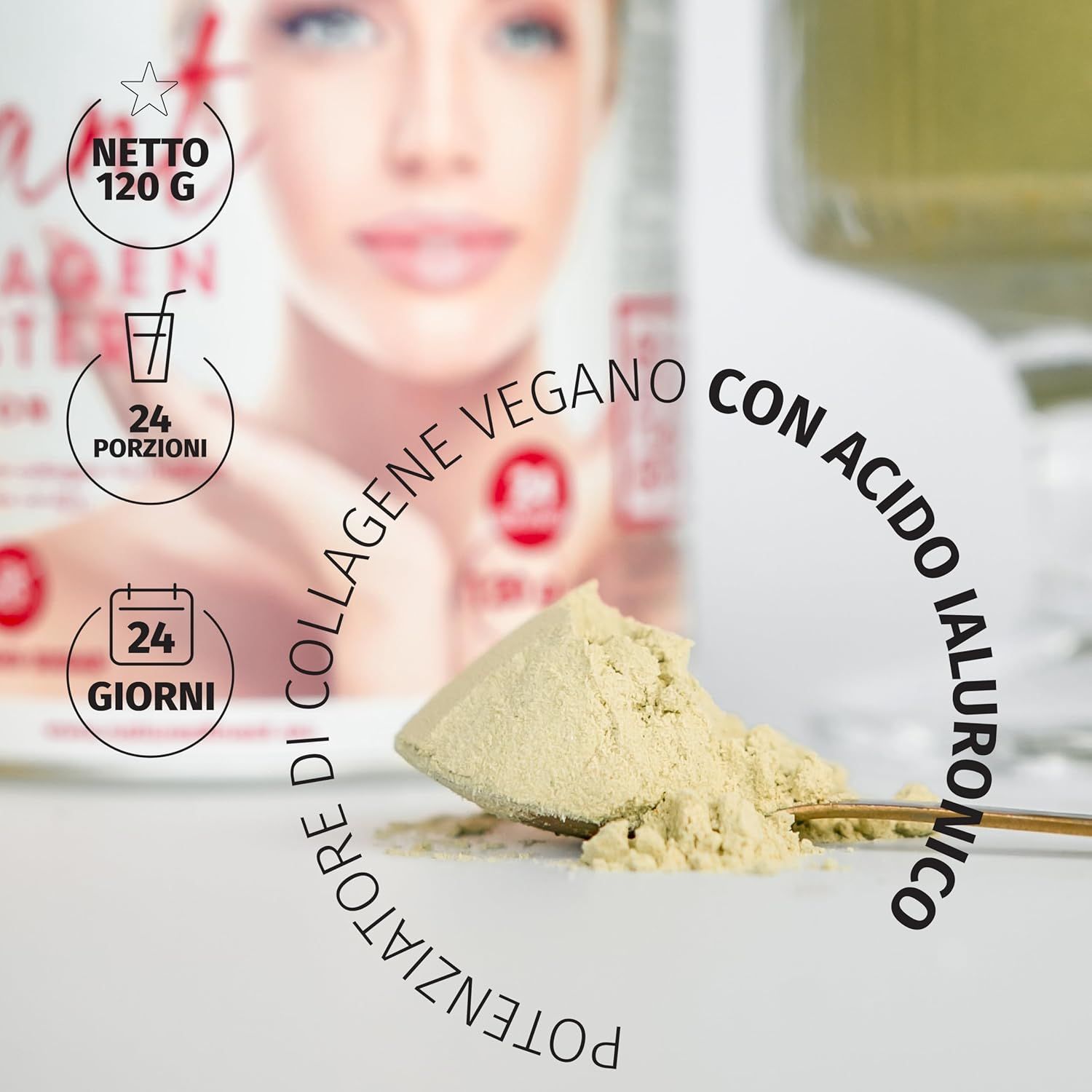 Löffel mit gelbem Pulver. Veganer Collagen-Booster mit Hyaluron. 24 Portionen, 24 Tage. Produktabbildung im Hintergrund.