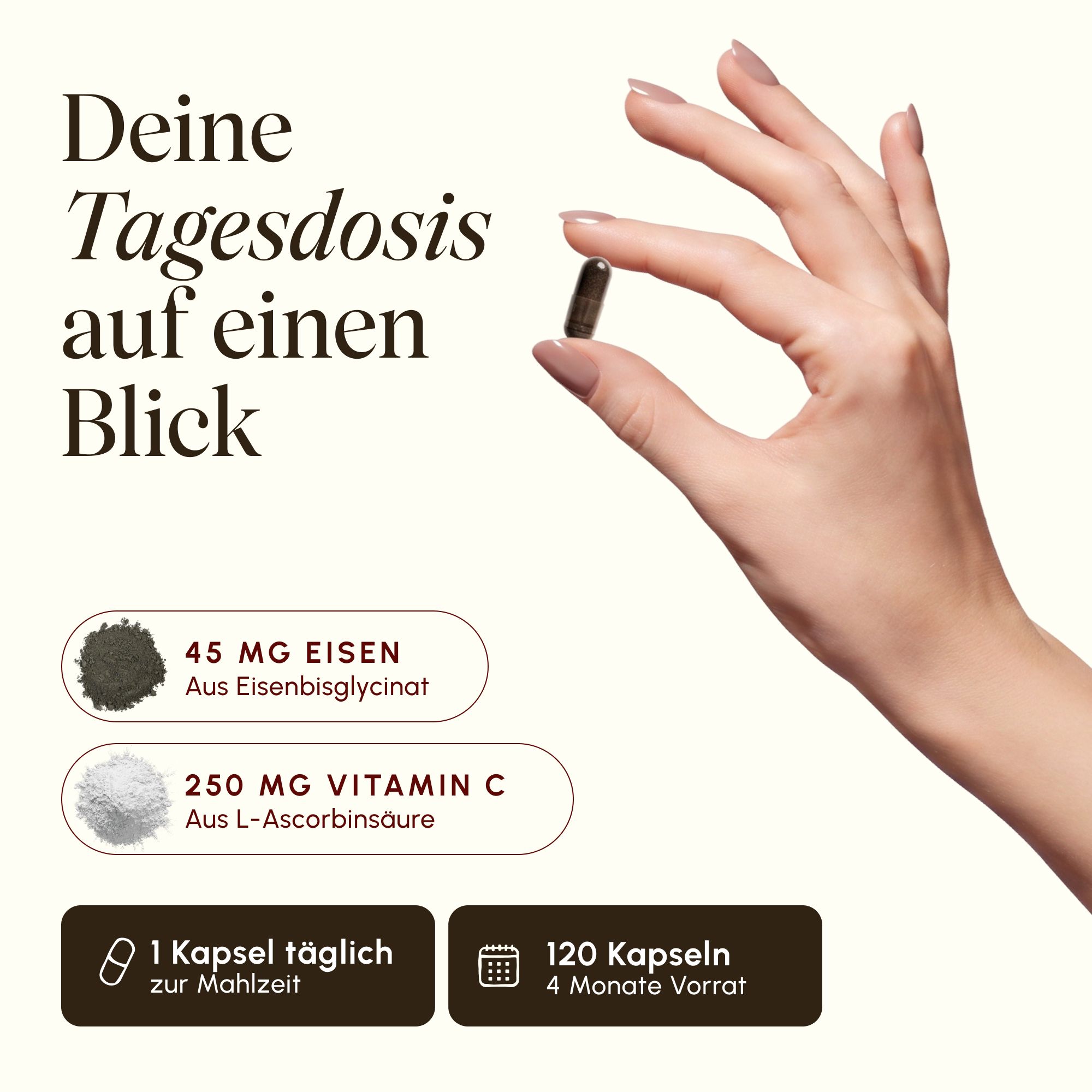 Hand hält eine Kapsel, zeigt 45mg Eisen, 250mg Vitamin C, 120 Kapseln.