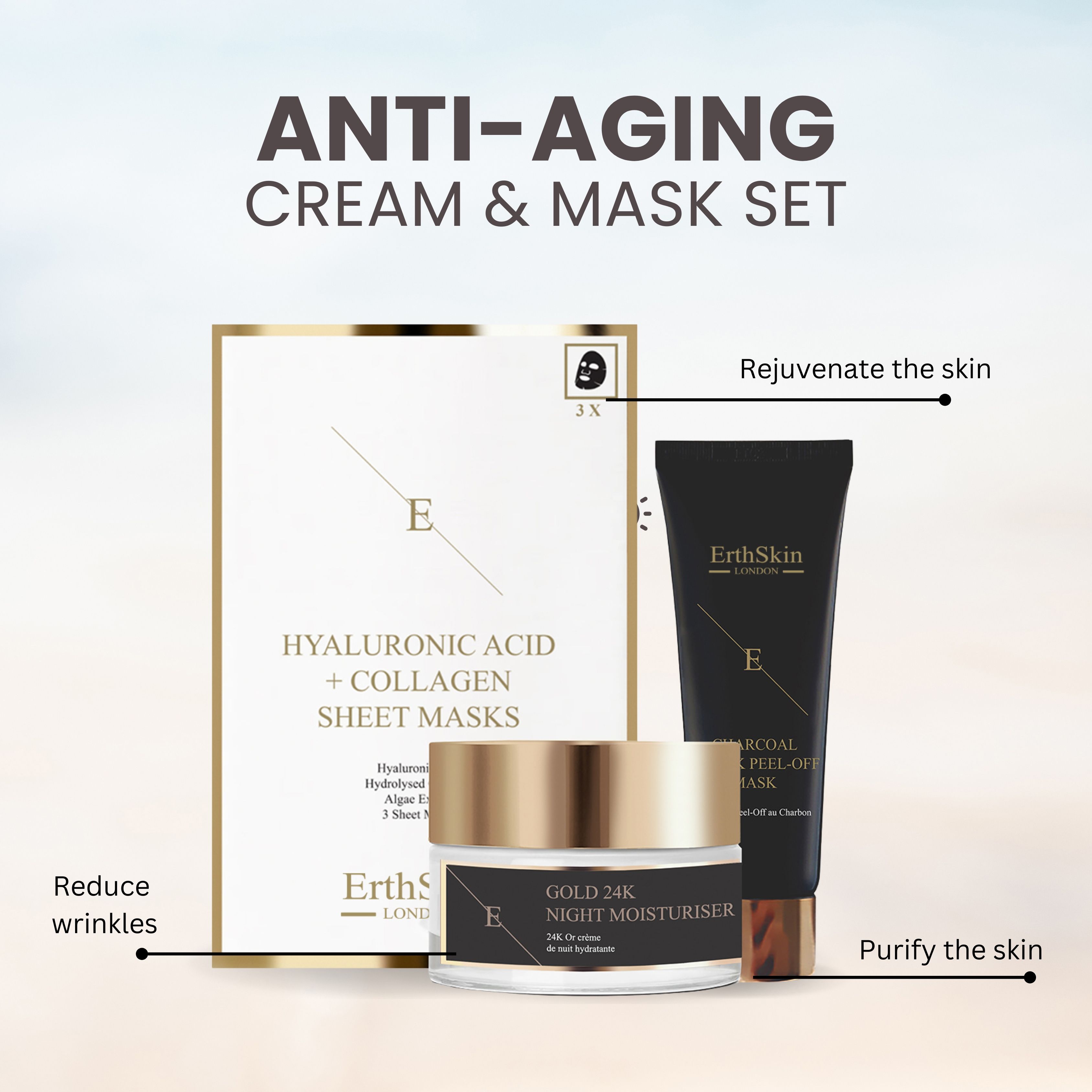 Anti-Aging-Set mit Nachtcreme, Gesichtsmaske und Kollagenmasken. Goldfarbener Tiegel, schwarze Tube und Packung. ErthSkin London.