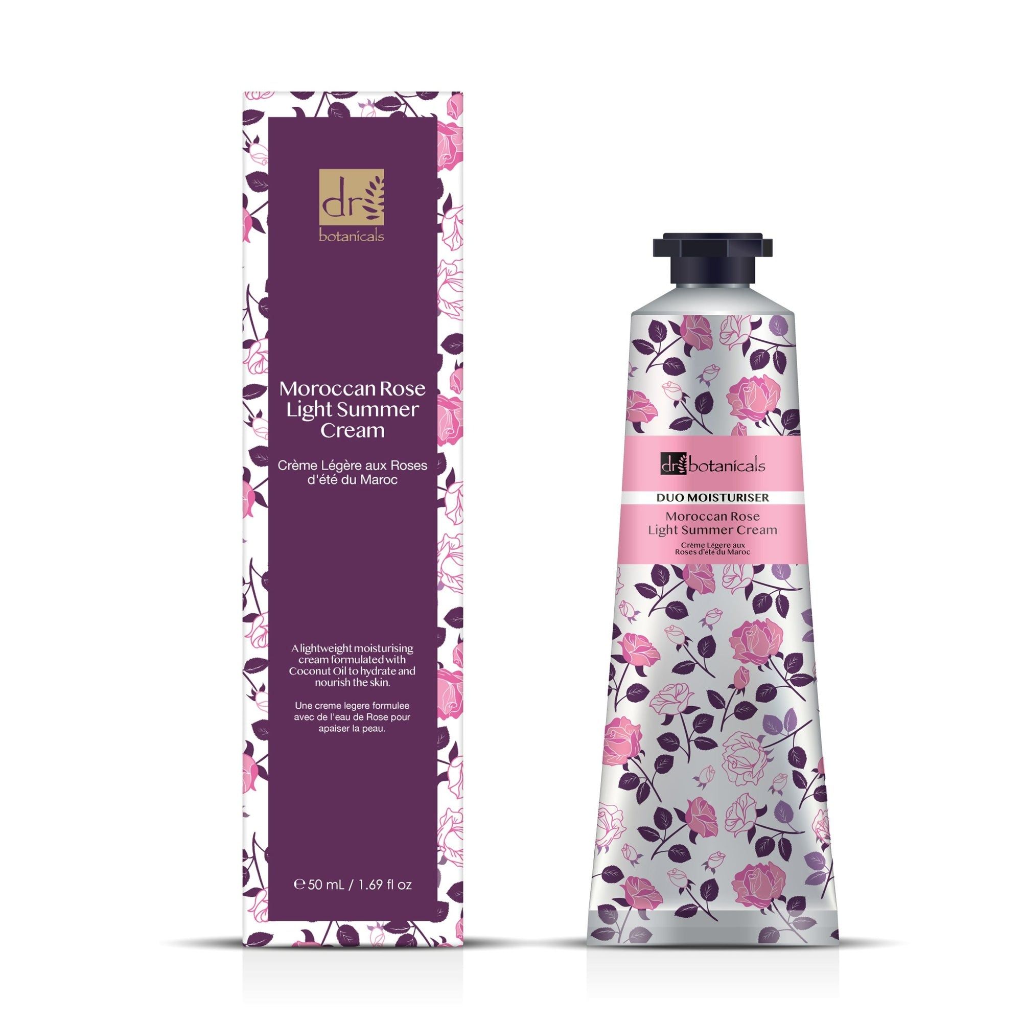 Produktverpackung mit Tube und Schachtel. Tube mit floralem Muster. Schachtel mit Text: Moroccan Rose Light Summer Cream, Crème légère aux Roses d'été du Maroc.
