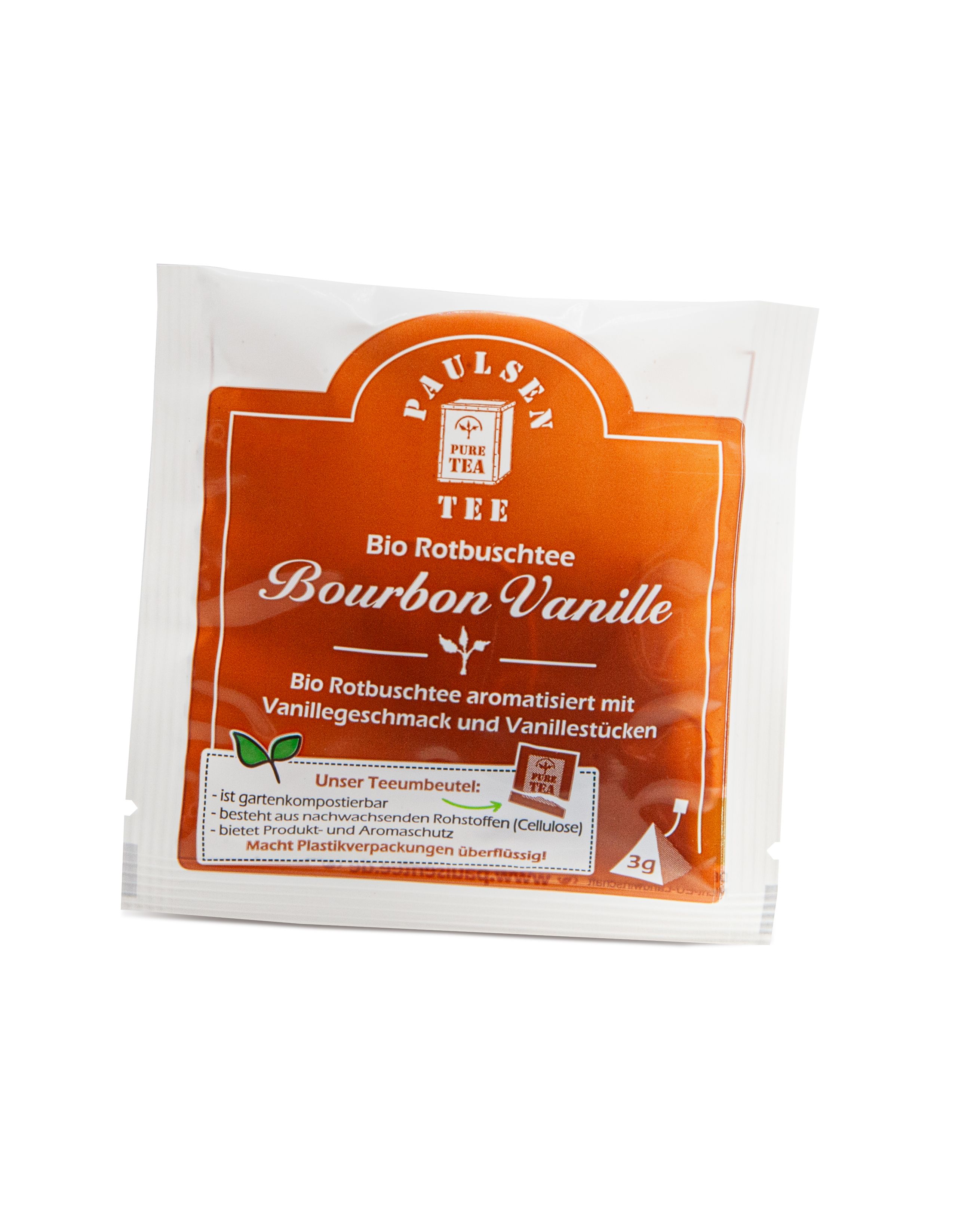 Einzelner Teebeutel "Bio Bourbon Vanille". Orangefarbenes Etikett mit Produktinformationen.