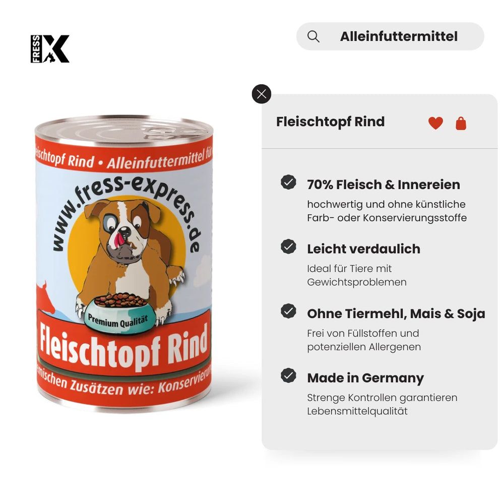 Hundefutter-Dose. Dose mit Etikett und Produktinformationen. Enthält Angaben zu Fleischanteil, Verträglichkeit und Inhaltsstoffen.