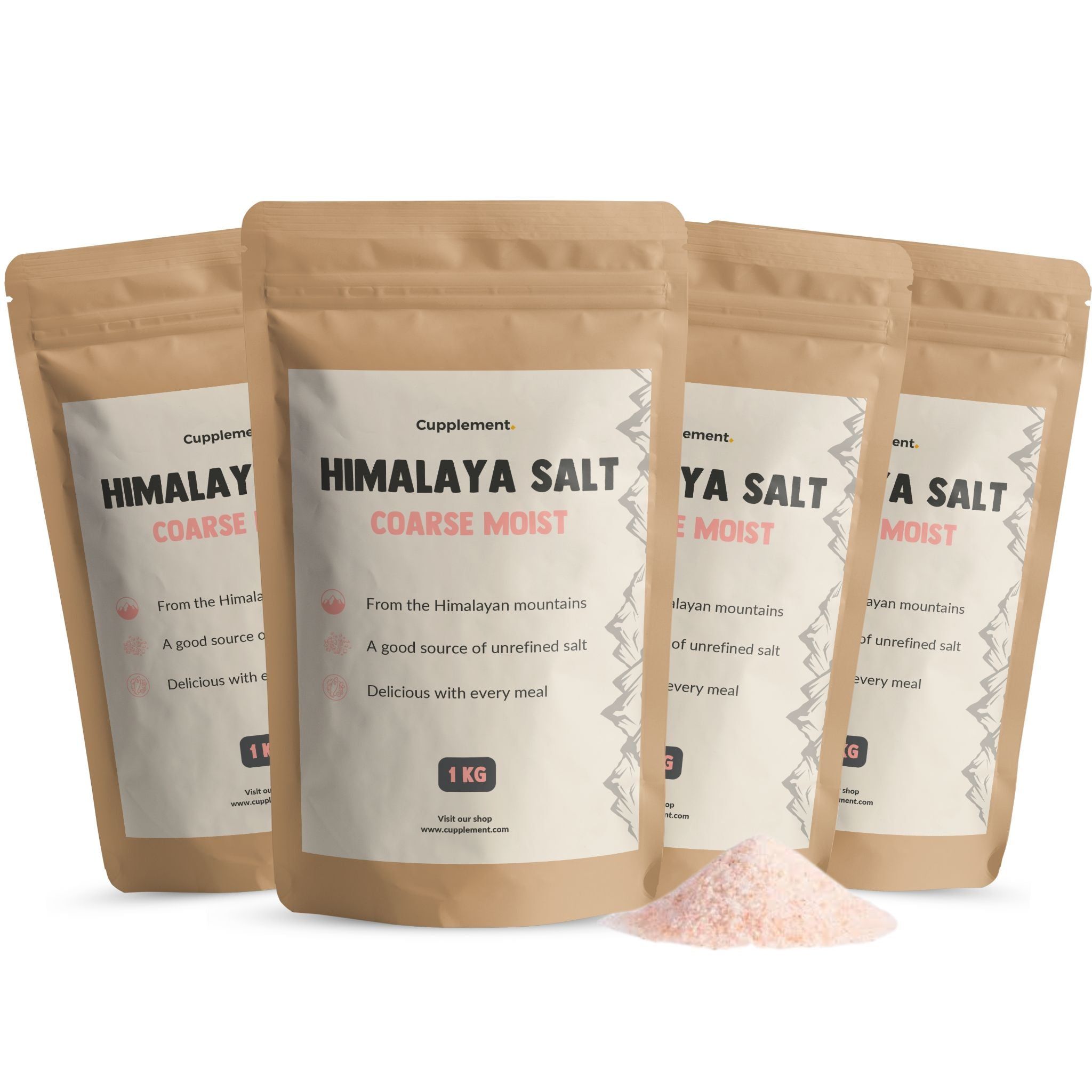 Vier Beutel Cupplement Himalaya-Salz. Aufschrift: Himalaya Salt, Coarse Moist. 1 kg. Rosa Salz daneben.