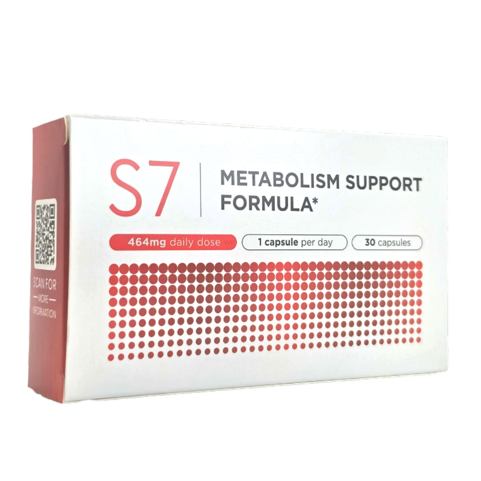 Schachtel S7 Metabolism Support Formula. Rote und weiße Verpackung. Text: 464mg Tagesdosis, 1 Kapsel pro Tag, 30 Kapseln. QR-Code.