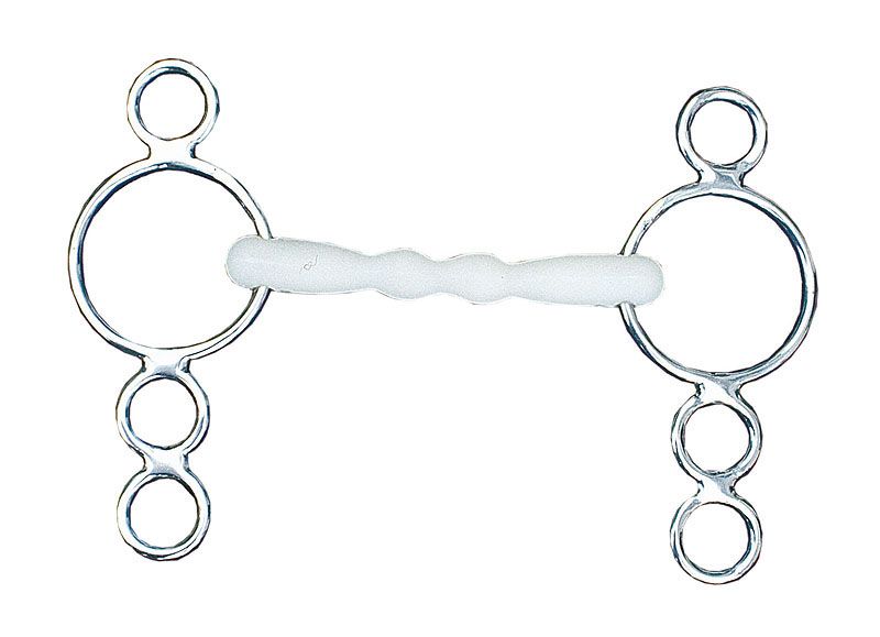 Vierringtrense mit weißem Mundstück. Metallringe und -verbindungen. Detailansicht.